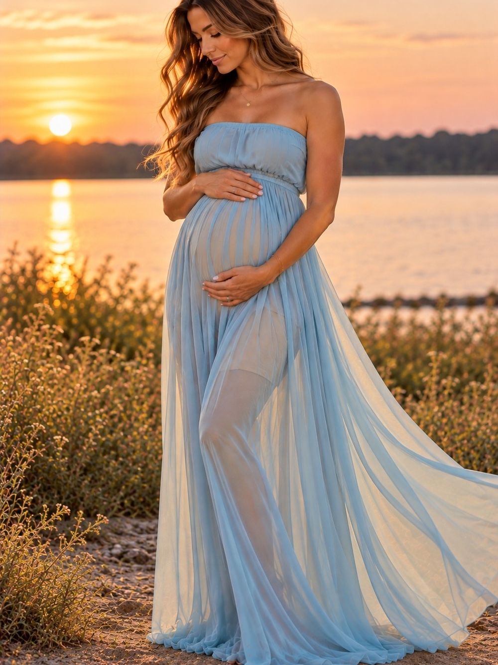 Strapless Turquoise Maxi Dress with Gathered Waist